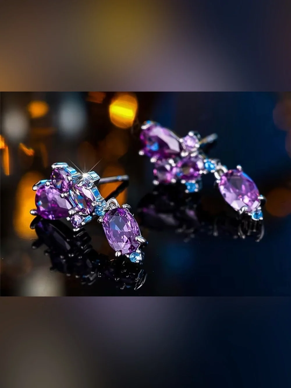 New! Purple CZ Drop Earrings - Sparkling Teardrop & Oval Design